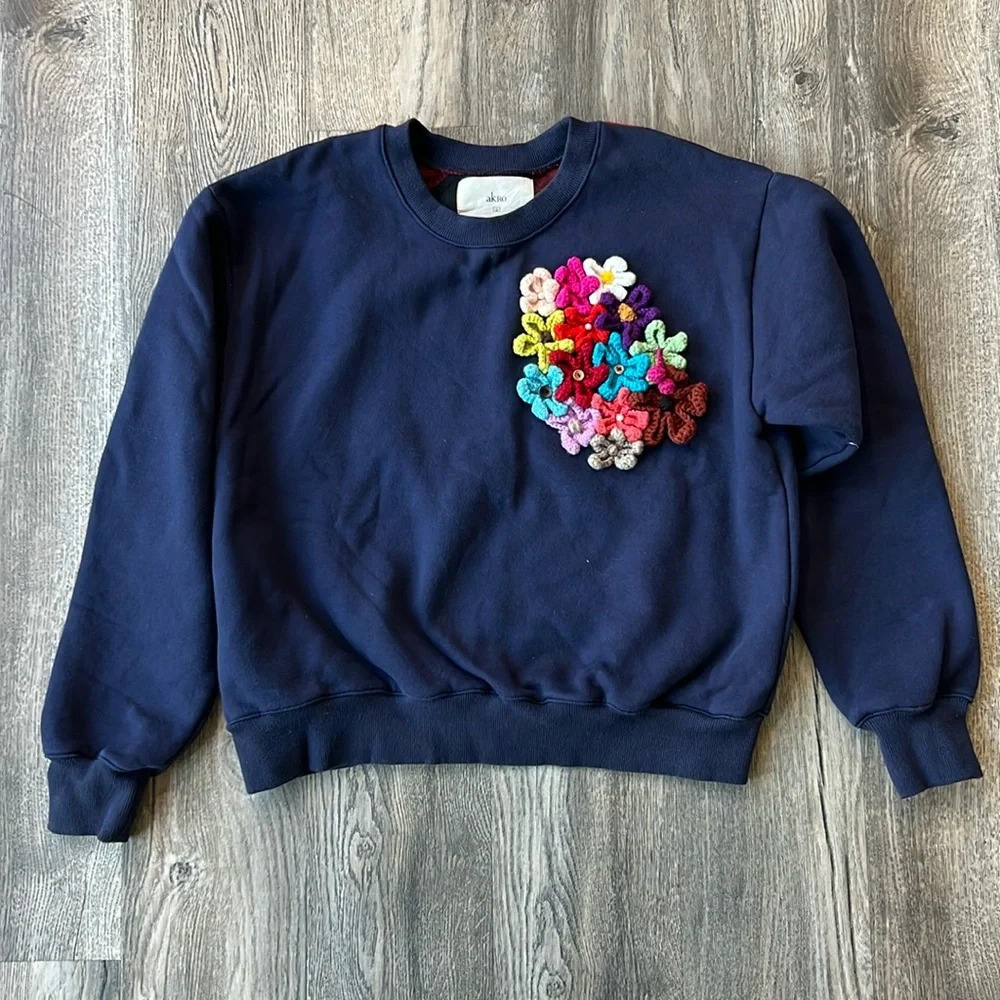 Akro Sweater Blue Knit Crewneck Long Sleeve Sweater Size Small Pullover